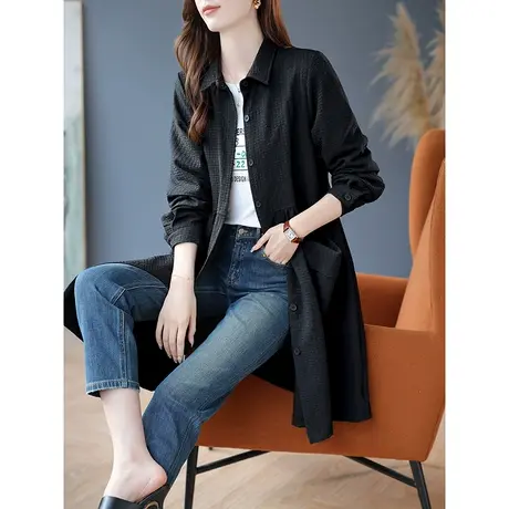 宝诗黎翻领华夫格肌理感中长外套女2023秋季新款纯色长袖开衫上衣商品大图