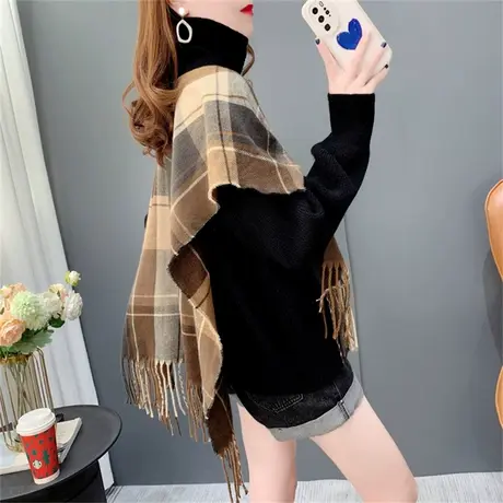 日系复古格纹流苏披肩毛衣开衫女秋季2022新款假两件立领上衣外套商品大图