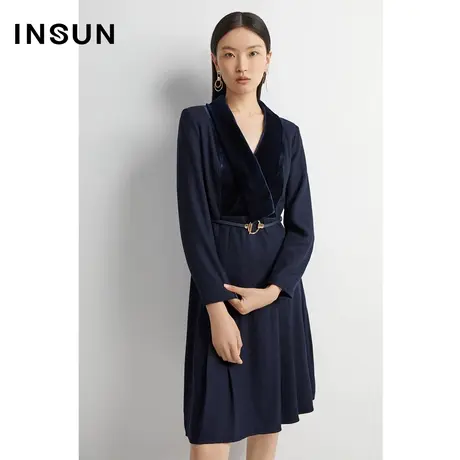 INSUN恩裳线上专选秋季果青领收腰羊毛连衣裙图片