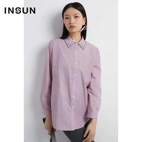 恩裳奥莱2023春季纯手工钉钻色织条纹棉质衬衫图片