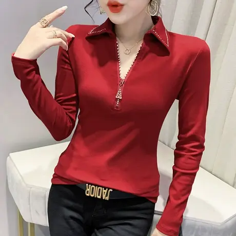 女装2024秋冬新款时尚V领T恤设计感洋气上衣修身加绒打底衫女长袖商品大图