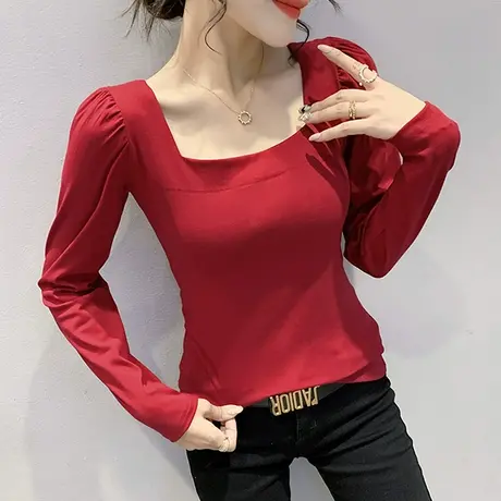 女装2024新款潮泡泡袖方领T恤长袖洋气质百搭上衣修身显瘦打底衫商品大图