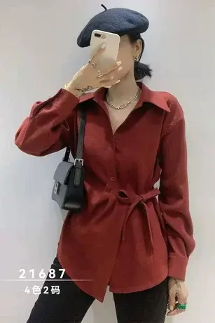 法式复古不规则系带衬衫女2023春季新款设计感纯色灯芯绒百搭上衣图片