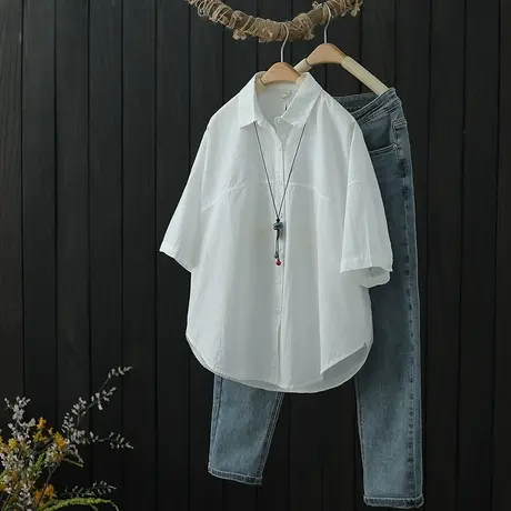 短袖衬衫女装夏季2022新款纯色单排扣上衣设计感小众休闲全棉衬衣商品大图
