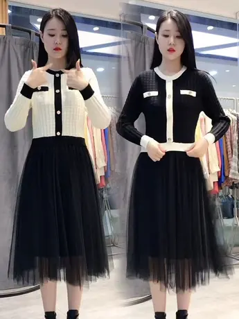 假两件早秋针织连衣裙女2023年秋季新款气质显瘦遮肉网纱打底裙子图片