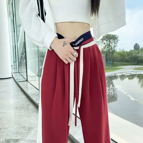 红色阔腿运动裤女春秋宽松休闲裤子抽绳显瘦垂感高腰高街直筒卫裤商品大图