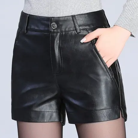 皮短裤女秋冬2023新款外穿高腰显瘦包臀pu皮阔腿打底靴裤黑色百搭图片