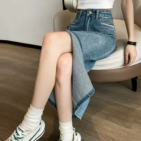 复古开叉牛仔高腰半身裙女2023年夏季薄款显瘦遮胯a字包臀中长裙图片