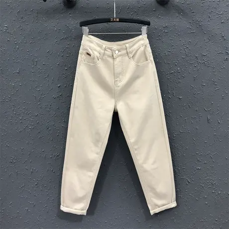 2023秋季新款杏色个性贴布牛仔长裤女高腰显瘦百搭小脚哈伦裤垮裤商品大图