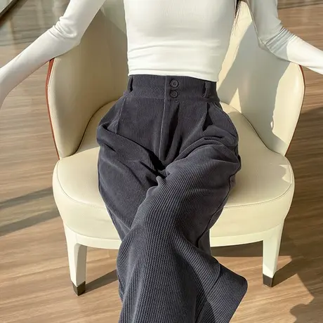 灰色灯芯绒阔腿裤女秋冬新款高腰宽松显瘦加厚小个子条绒休闲裤子商品大图