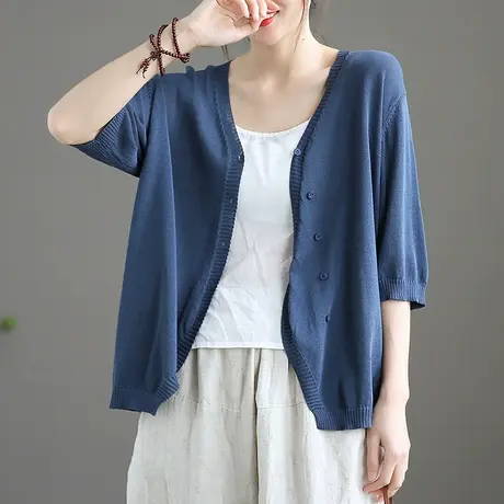 dza初秋薄款V领开衫毛针织衫2022新款女士休闲短款外套七分袖上衣图片