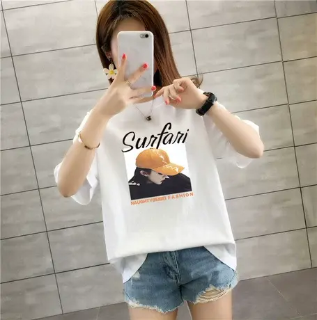短袖t恤女ins潮韩版流行学生纯棉印花百搭上衣白色大版显瘦春夏装商品大图
