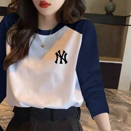 白色蓝袖插肩袖打底衫磨毛内搭2023春秋款宽松纯棉T恤女长袖上衣商品大图