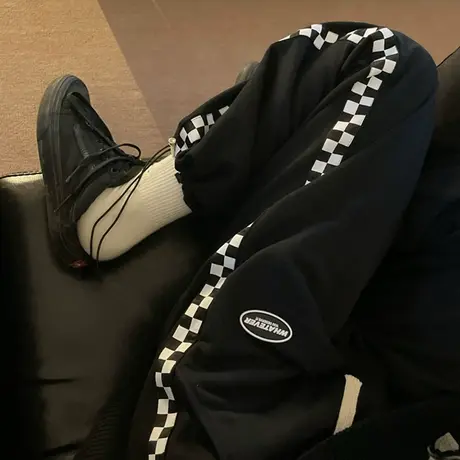 红续韩版复古棋盘格设计感小众宽松阔腿束脚高腰运动休闲卫裤女潮图片