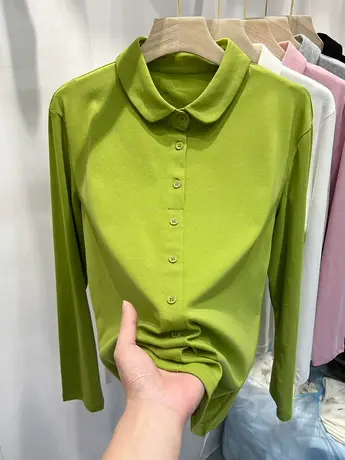 欧货娃娃领纽扣长袖T恤女2023春装新款洋气打底衫温柔体恤上衣潮图片