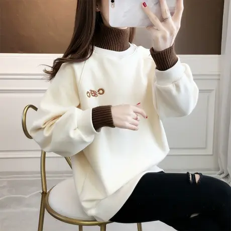 高领卫衣女秋冬韩版宽松bf慵懒风加绒加厚百搭ins保暖上衣外套潮商品大图