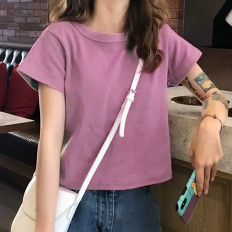 ins紫色上衣女短款高腰露脐性感香芋紫t恤女2020欧美纯棉纯色上衣图片
