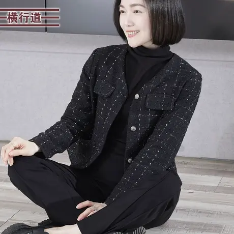 2024春季新款法式V领小香风长袖外套女黑色短款夹克上衣女装外穿商品大图