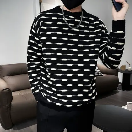 新款男装冬季毛衣慵懒⻛潮牌针织衫秋冬圆领套头宽松美式复针织衫图片