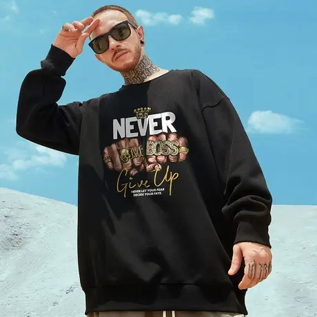 潮牌秋冬款长袖上衣 ins潮大码加绒加厚圆领情侣加肥加大卫衣男女图片