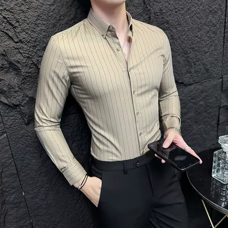 气质卡其色衬衫男长袖秋冬新款2023年英伦风商务痞帅通勤打底寸衣商品大图