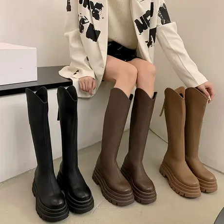 厚底长筒靴女2023年春秋季新款法式复古气质瘦瘦靴粗跟v口骑士靴图片