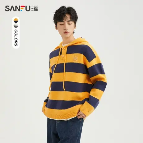 三福2023冬男士胸前刺绣趣味横条纹毛衣 宽松连帽上衣男478816商品大图