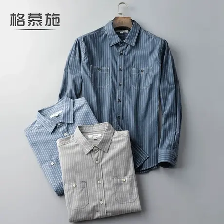 纯棉日系复古条纹美式休闲工装衬衫男士秋季宽松大码港风长袖衬衣图片