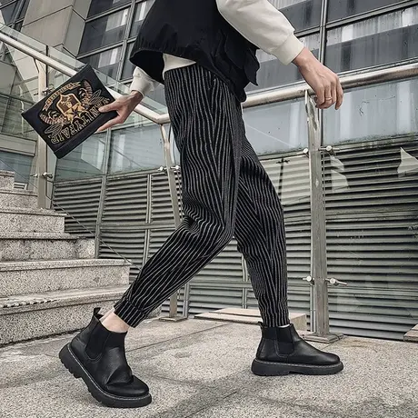 2023秋冬季男休闲裤哈伦裤九分裤裤子束腿裤ins潮流运动条纹卫裤商品大图