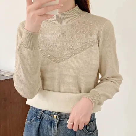 冬季保暖厚款一体绒套头毛衣女洋气钉珠纯色半高领针织衫打底内搭商品大图
