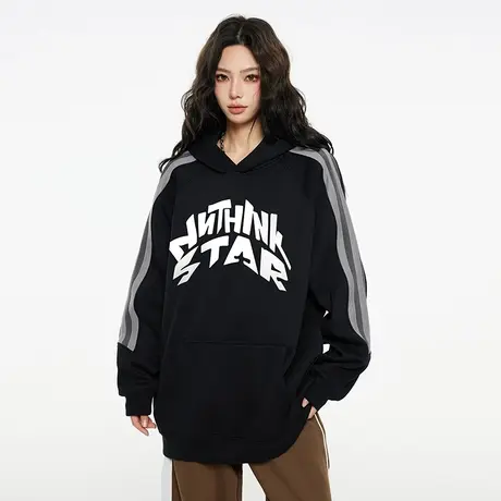 Nuthink美式潮牌字母拼接保暖卫衣男加绒加厚连帽宽松情侣外套春图片