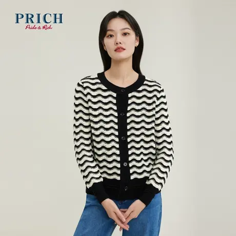 PRICH【直播专享】针织衫秋冬简约圆领小众镂空撞色条纹开衫上衣图片
