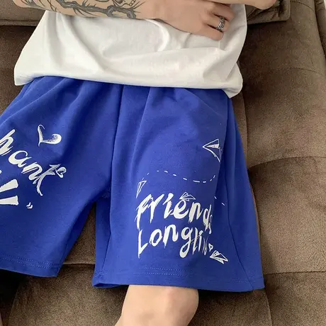 休闲短裤男夏季大码港风宽松运动裤韩版潮流创意字母印花五分裤子商品大图