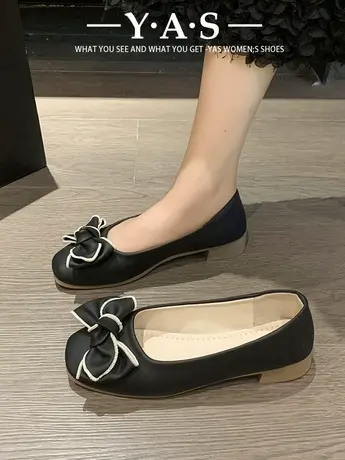 2024新款妈妈小皮鞋一脚蹬女鞋软底工作鞋女黑色鞋子蝴蝶结单鞋商品大图