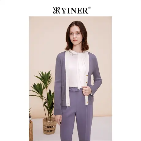 YINER音儿女装春季法式优雅时尚撞色V领蚕丝针织开衫图片