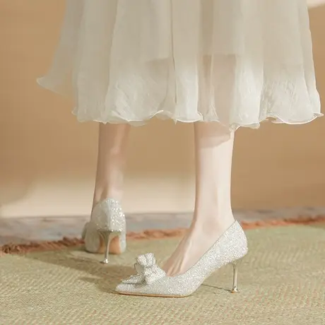 法式婚鞋女禾秀主婚纱两穿2024新款蝴蝶结水钻新娘鞋不累脚高跟鞋图片