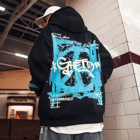 欧美高街新潮炸街潮牌学生带帽情侣卫衣冬季加绒情侣款男连帽宽松商品大图