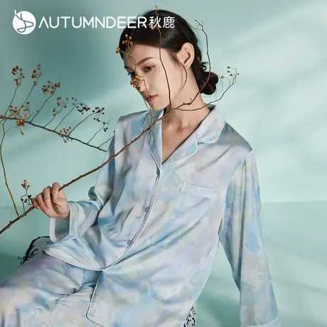 秋鹿新中式国风翻领印花睡衣女士春夏款柔软长袖长裤女家居服套装商品大图