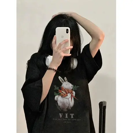 纯棉重磅美式复古兔子短袖t恤女2023新款夏季设计感宽松半袖上衣图片