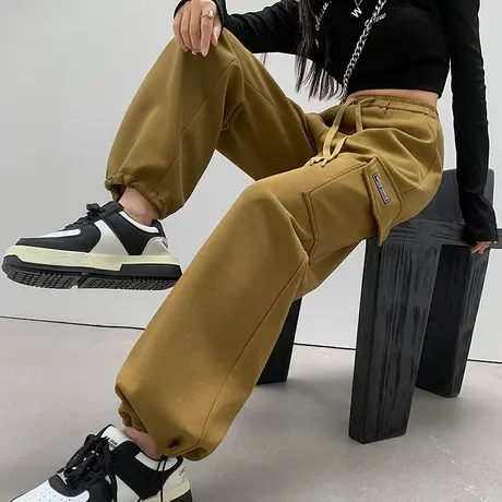 美式复古工装裤女春秋新款高腰显瘦宽松直筒窄版阔腿运动休闲裤子图片