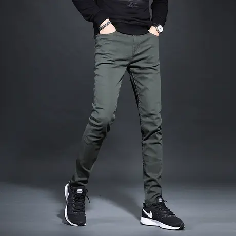 军绿色牛仔裤男款2023新款秋季修身小直筒简约百搭弹力男士休闲裤商品大图