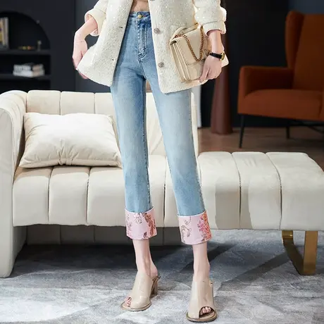 宝诗黎高腰刺绣拼接牛仔裤2024春季小个子百搭直筒裤显瘦棉质长裤商品大图