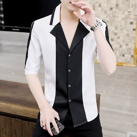 短袖衬衫男夏季网红潮流个性衣服夜场发型师设计感痞帅七分袖衬衣商品大图