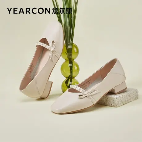 意尔康女鞋2023春季新款女士真皮浅口粗跟方头百搭通勤单鞋玛丽珍商品大图