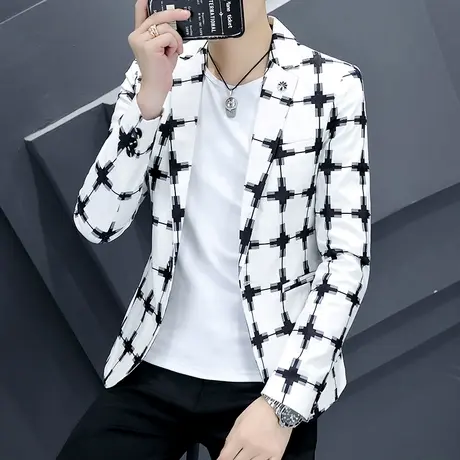 春秋季潮流外套男帅气设计感时尚格子西服ins韩版修身洋气小西装商品大图