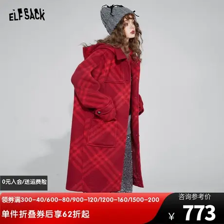 妖精的口袋红色圣诞毛呢外套女2023冬季毛新款连帽中长款呢大衣图片