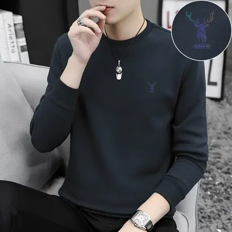 2023新款纯棉长袖t恤男春秋冬季加绒加厚鹿头印花内搭全棉打底衫商品大图