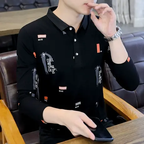 长袖t恤男士秋季ins潮流polo衫潮牌内搭翻领上衣服打底衫宽松秋装商品大图