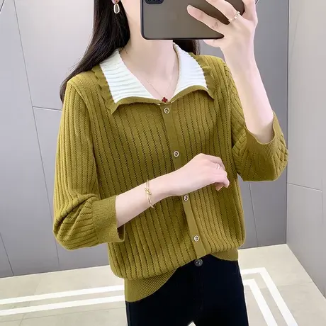 秋装女2023年针织衫套头短款打底衫七分袖宽松方领上衣短袖t恤女商品大图