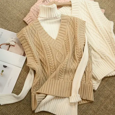 享永子【经典百搭 穿不腻 】绞花V领针织马甲毛衣外套背心商品大图